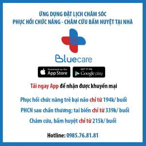 alt text: Hình ảnh quảng cáo ứng dụng Bluecare cho phục hồi chức năng